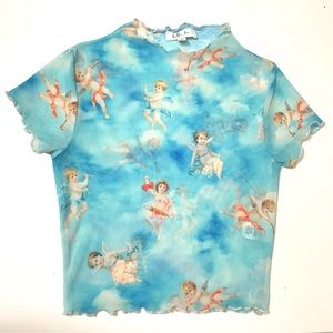 BETTER BE blue sky and baby angels print mesh transparent top for girls women